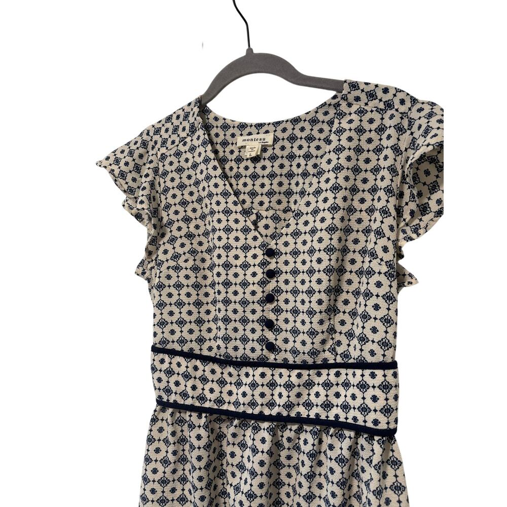 Monteau Los Angeles Dress Large Blue White Printed Ruffle Sleeve Fit & Flare - Picture 3 of 10